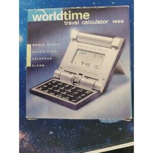 Collapsible Travel Alarm clock, calculator, world time, calendar, 3.5” Folded